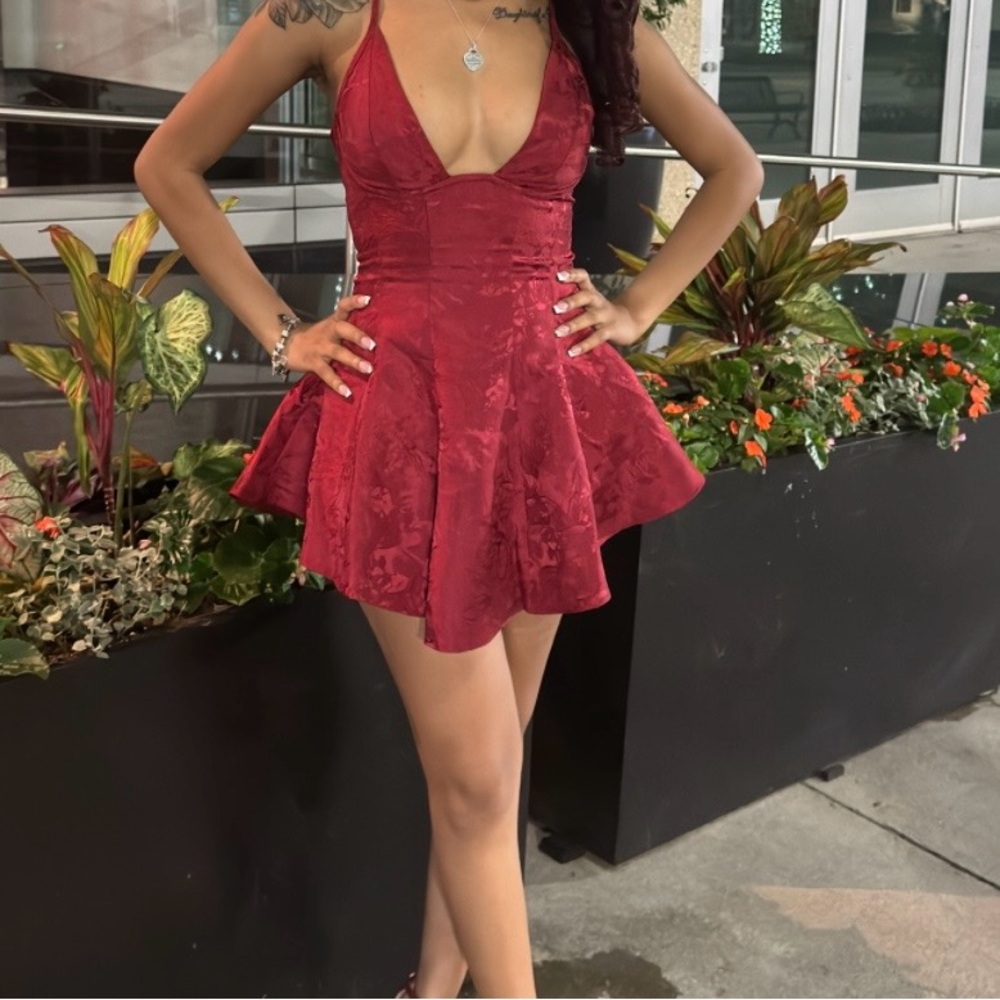 Deep V-Neck Burgundy Mini Skater Dress